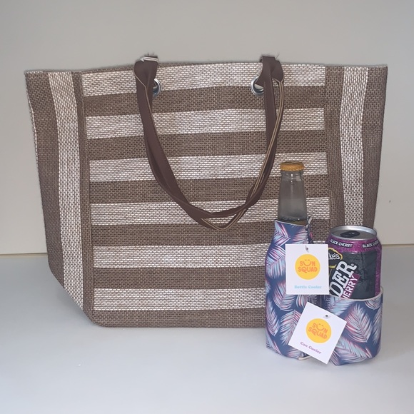 NWT Tan Striped Beach Woven Tote with Set of Beer Cozy - Picture 3 of 9